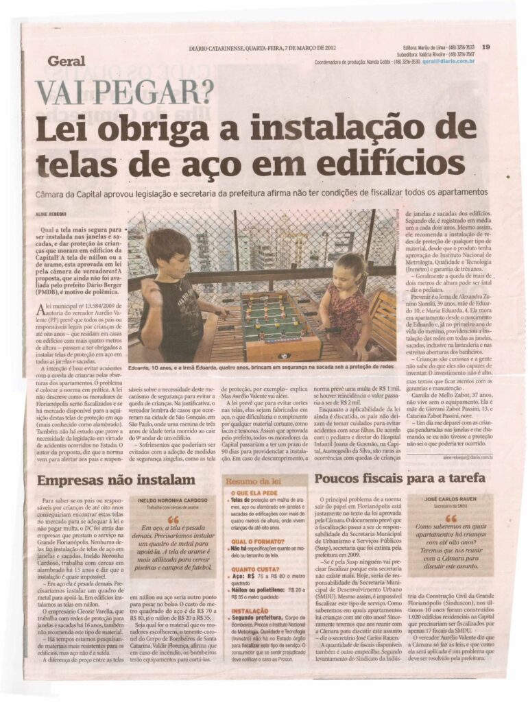 Recorte de jornal Diário Catarinense de 2012 sobre legislação de redes de proteção, evidenciando a liderança da RDX no debate técnico