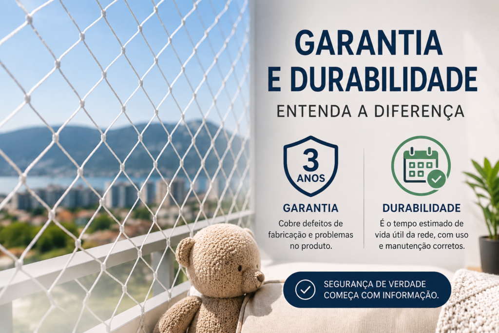Diferença entre garantia e durabilidade das redes de proteção em Florianópolis. Rede de proteção instalada por empresa especializada com informações sobre garantia de fábrica e vida útil do produto.