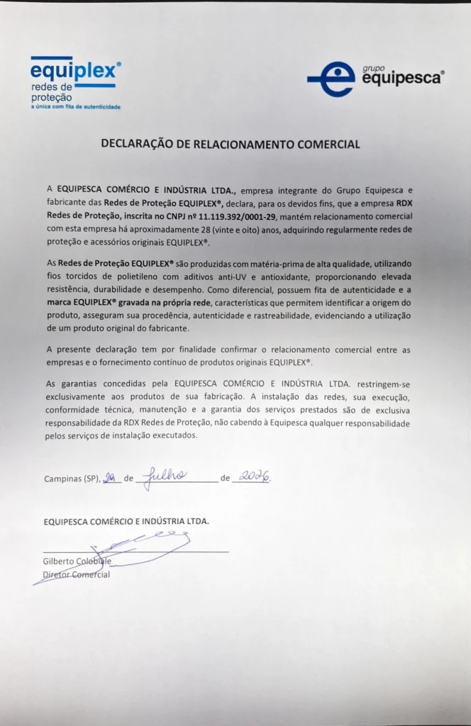 Declaração oficial da Equipesca sobre a relação comercial com a RDX Redes de Proteção e a aquisição de produtos originais Equiplex.